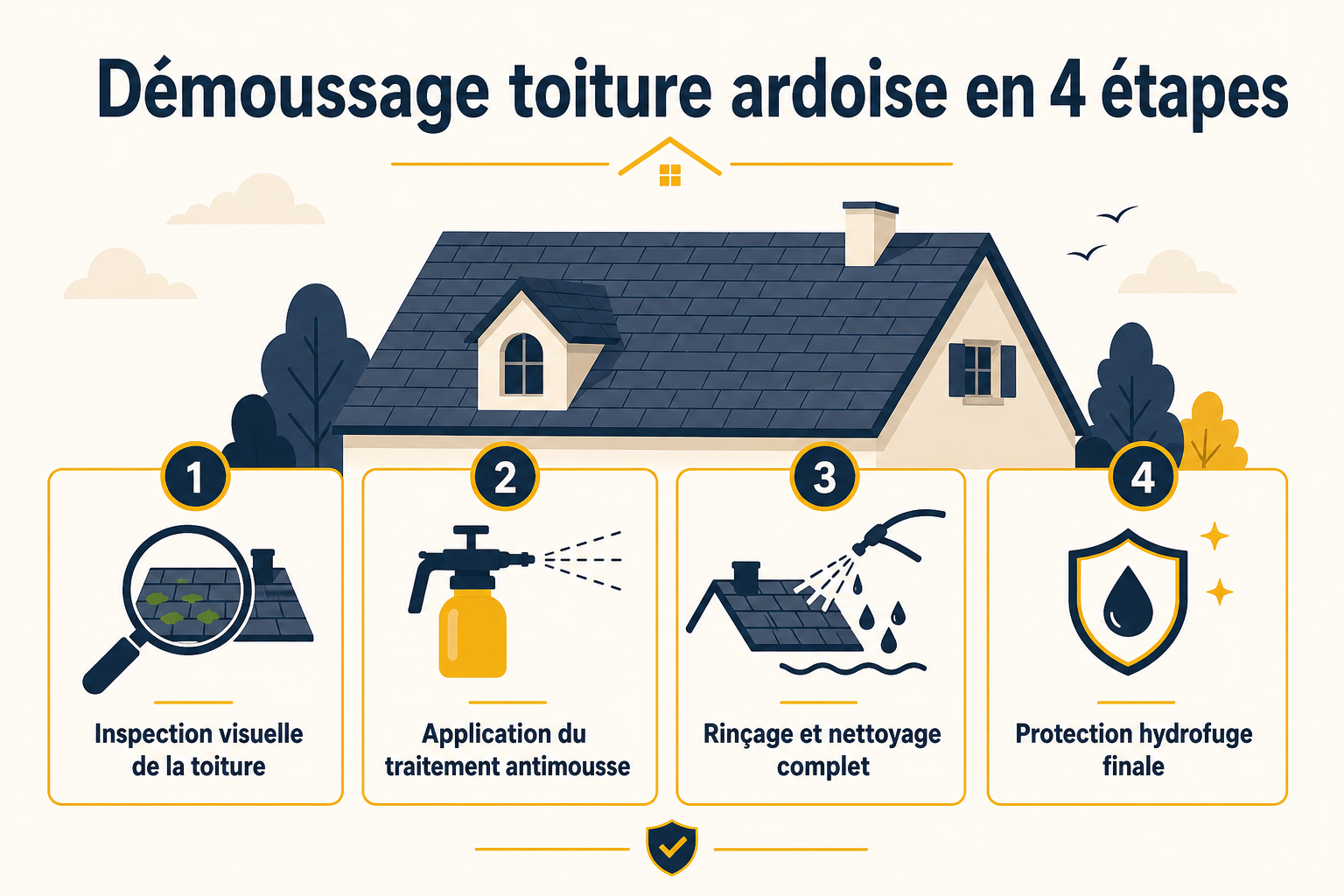 Infographie : Démoussage toiture ardoise en 4 étapes