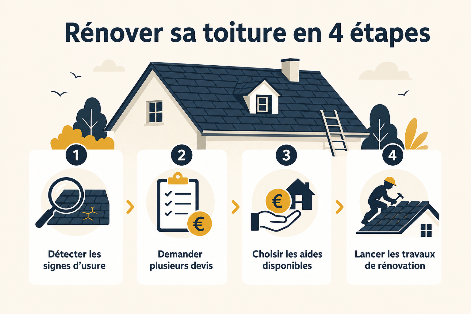 Infographie : les 4 étapes clés d'une rénovation de toiture — inspection de la toiture, remplacement des tuiles, traitement anti-mousse et isolation des combles