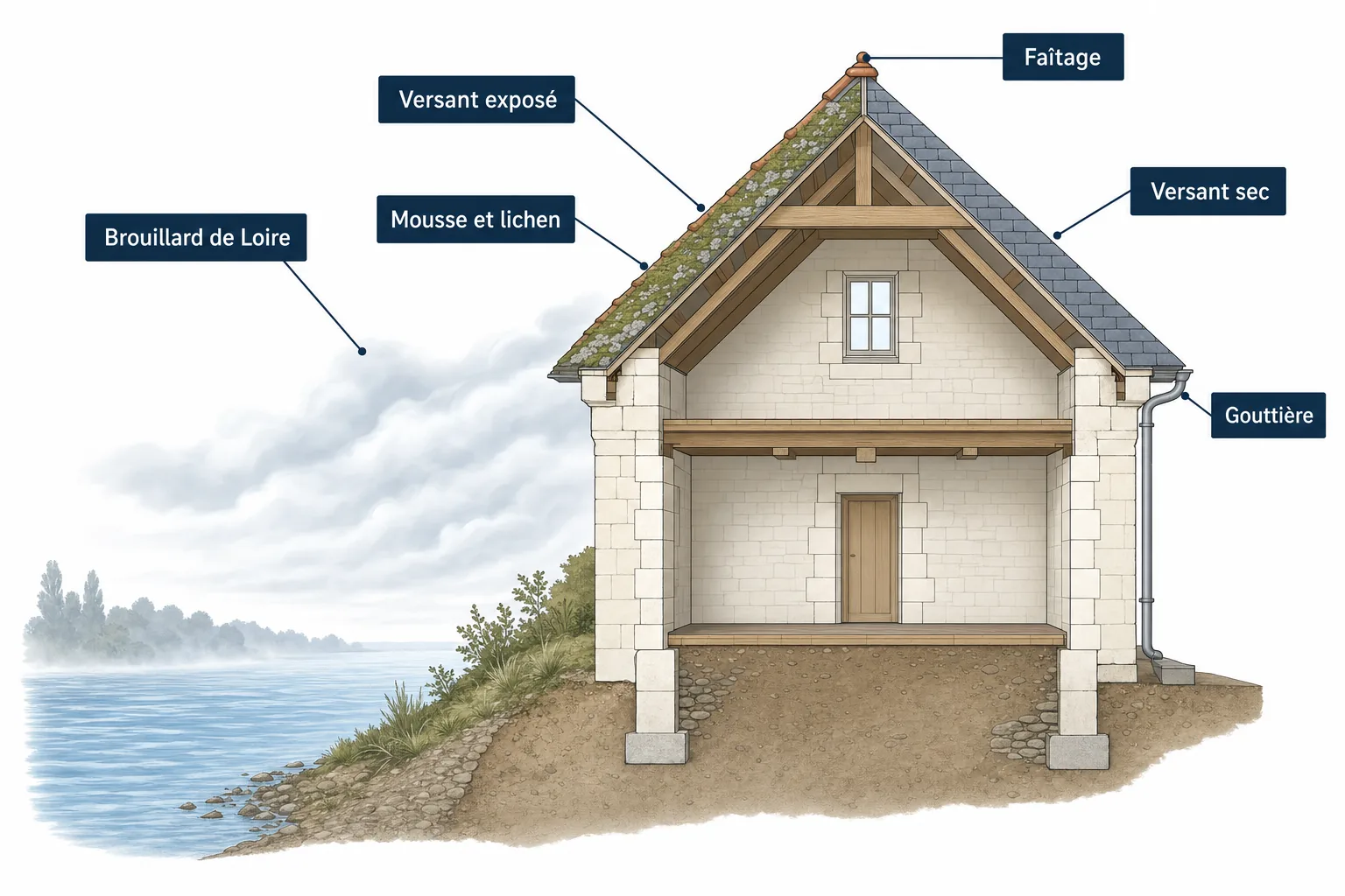Maison en tuffeau au bord de la Loire : brouillard qui monte sur le versant exposé couvert de mousse et de lichen, versant sec de l'autre côté, gouttière et faîtage
