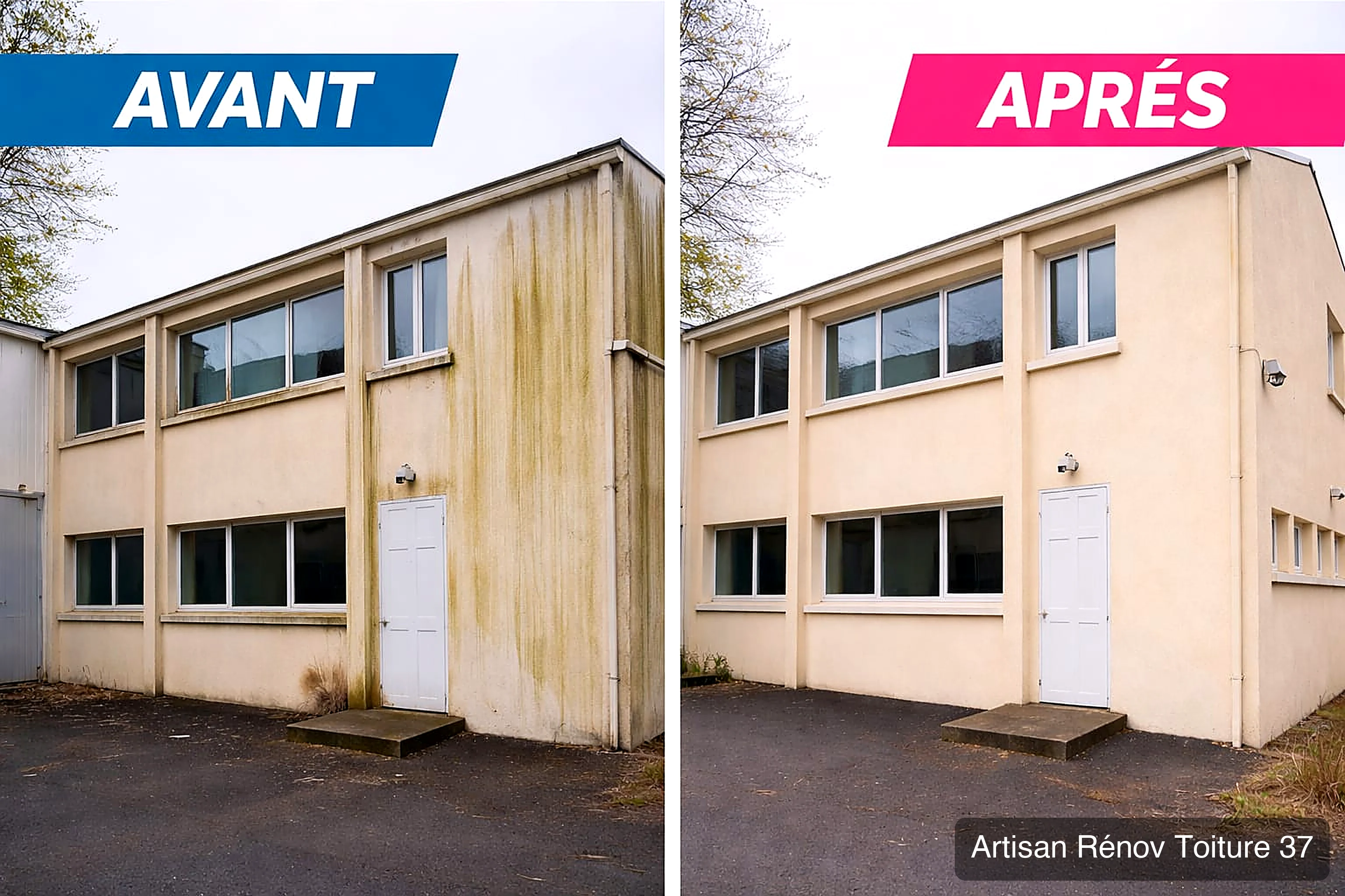 Avant après nettoyage de façade d'un bâtiment professionnel en Indre-et-Loire