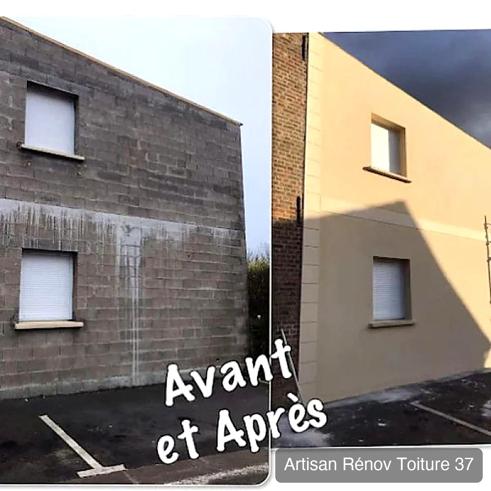 Avant après nettoyage de façade — Façade enduit — nettoyage et hydrofuge longue durée.